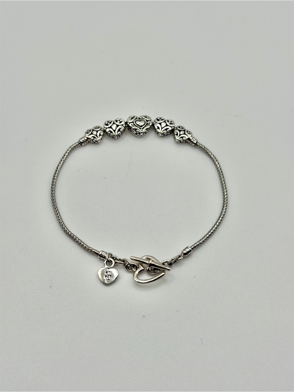 ATI 925 ID Sterling Silver Heart Bead Bracelet Toggle Clasp 7.5” 7g B014